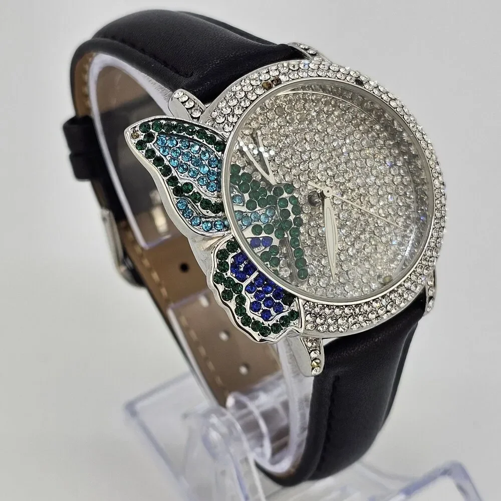 Off Park‎ Women's Watch Crystal Bling Butterfly New Black Leather Bands Battery